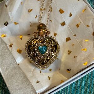 Gold and Blue Green Heart Vial Pendant Necklace